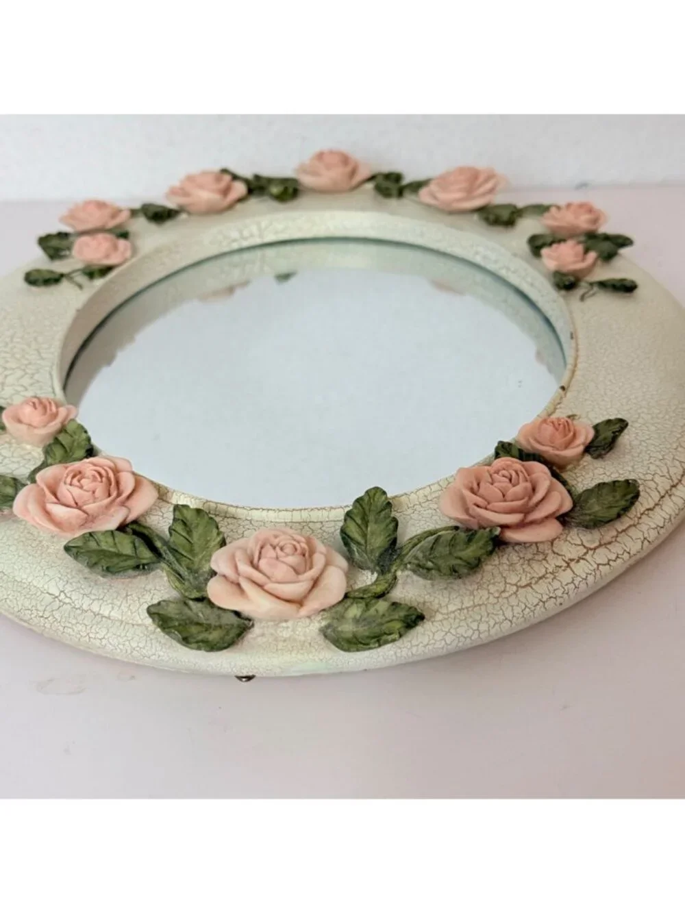 Homco Oval Mirror Roses Distressed White Frame VTG Shabby Chic French Country